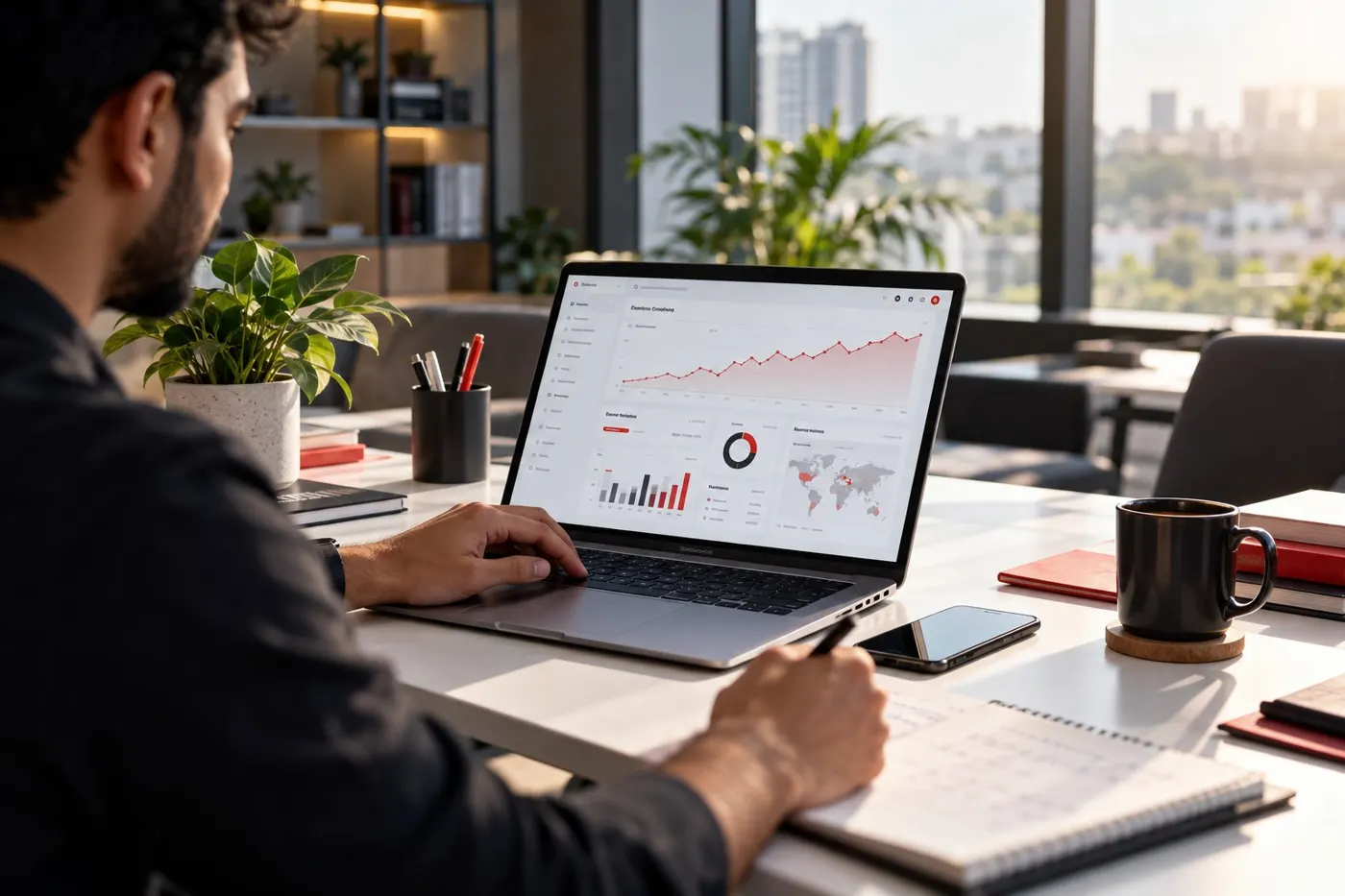 Analyst reviewing a search performance report on a laptop