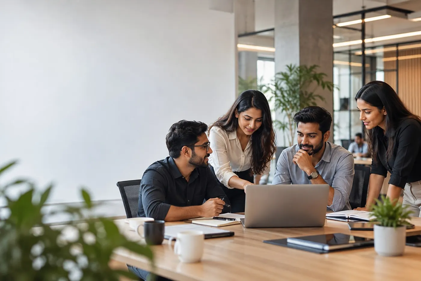 A digital marketing team reviewing a project together at a laptop